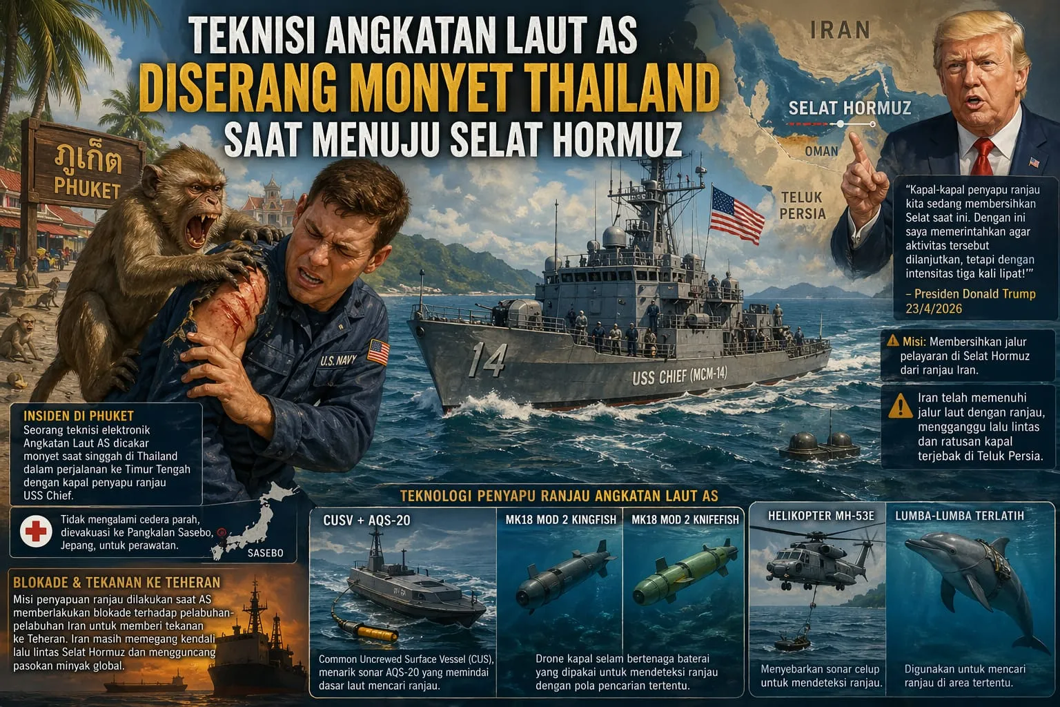 Teknisi Angkatan Laut AS Diserang Monyet Thailand Saat Menuju Selat Hormuz