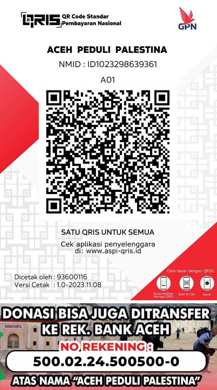 Ini Rekening “Aceh Peduli Palestina”, Bisa Layanan QRIS
