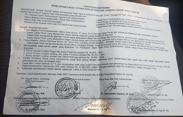 Ketentuan Zakat Fitrah Di Subulussalam Disepakati