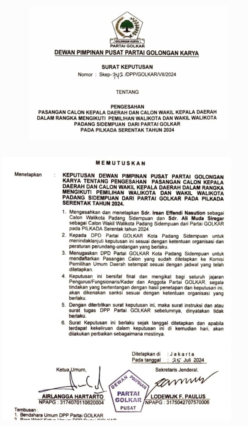 Sah, Golkar Usung Irsan Efendi Nasution Dan Ali Muda Siregar Di Pilkada Padangsidimpuan
