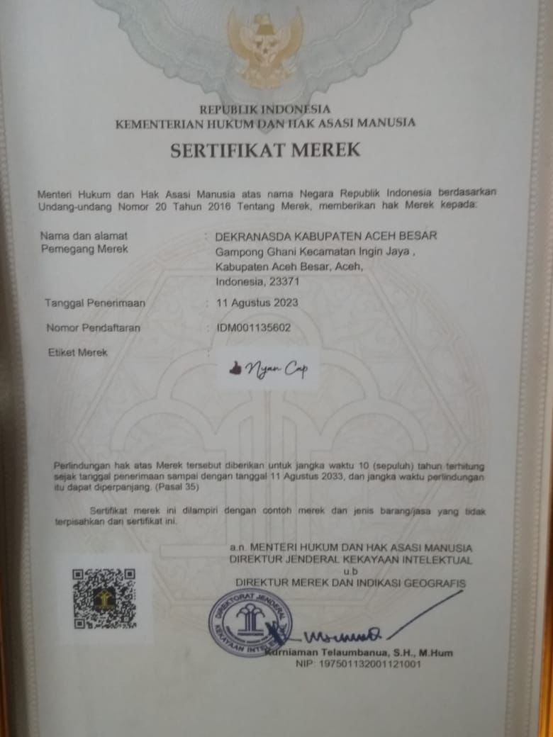 Produk ‘NYAN CAP’ Dekranasda Aceh Besar Dilindungi Hak Merek