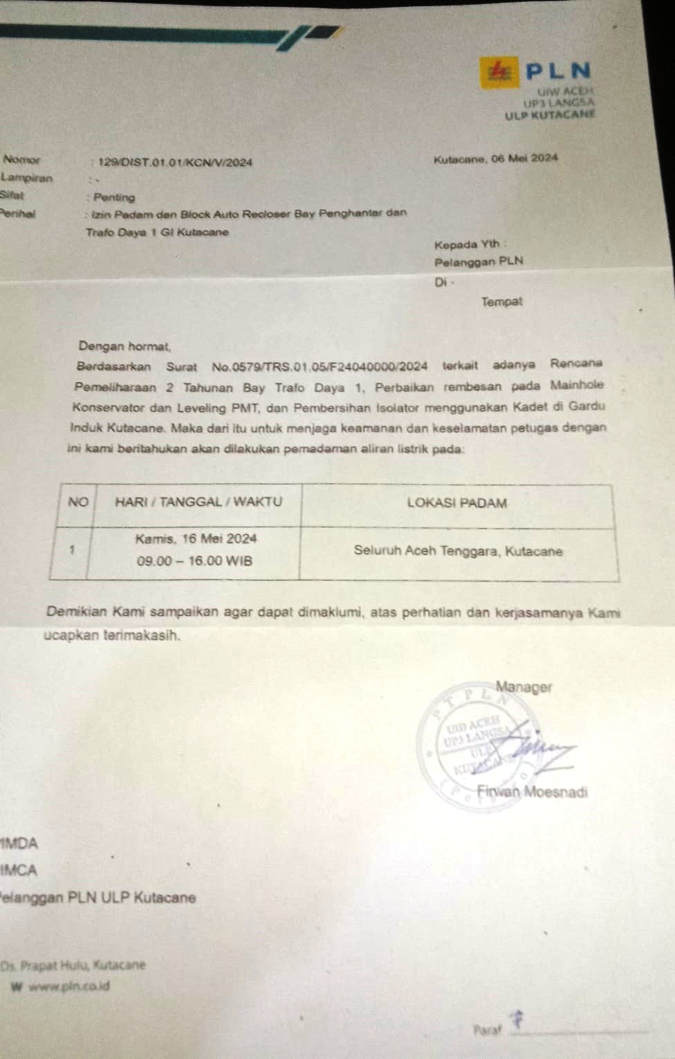 Besok, Seluruh Aceh Tenggara Padam Listrik