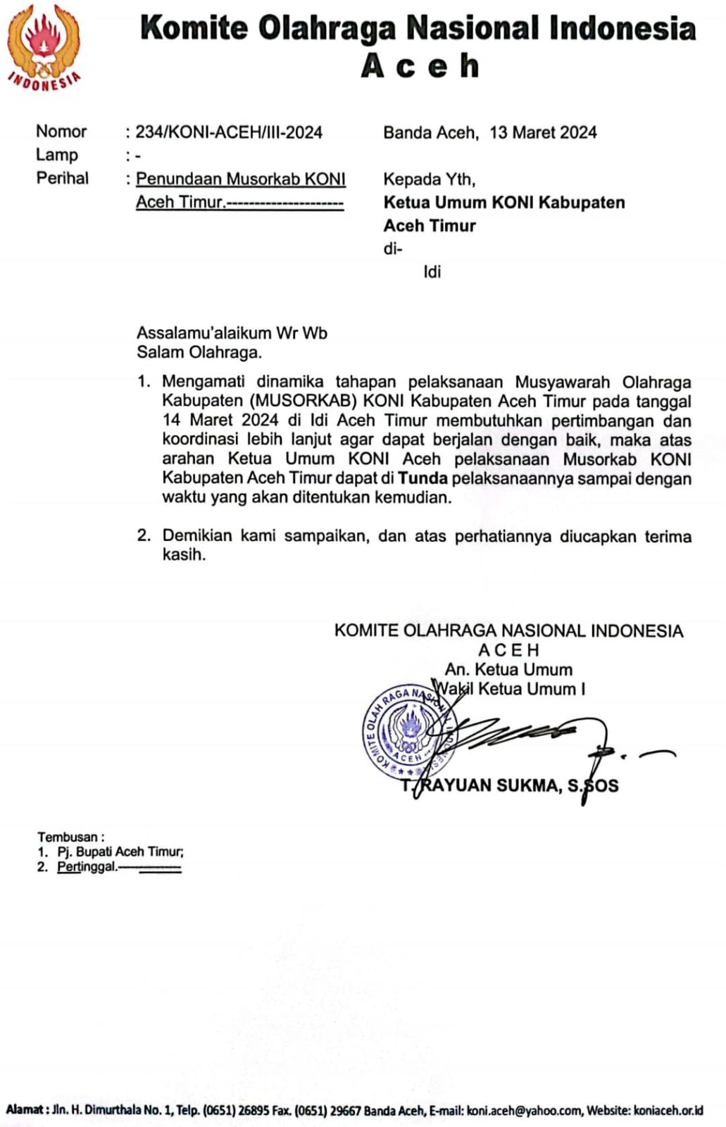 KONI Aceh Tunda Musorkab Aceh Timur