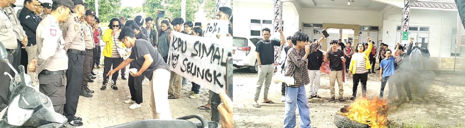 Tabur Bunga Dan Bakar Ban, Mahasiswa Aksi Jilid Dua Di Kantor KPU Simalungun