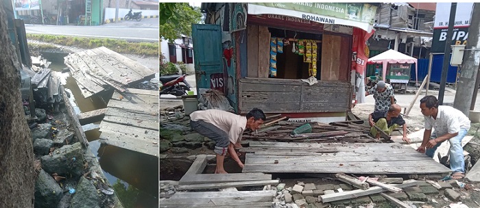 Warga Perbaiki Titi Kayu Yang Dihantam Rob