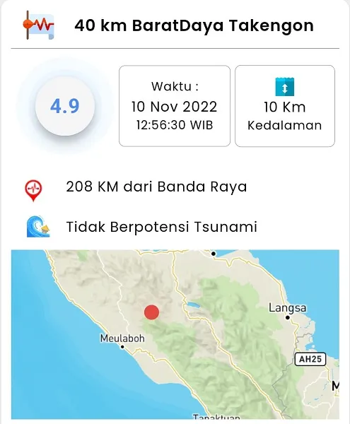 Gempa 4,9 Guncang Aceh Tengah