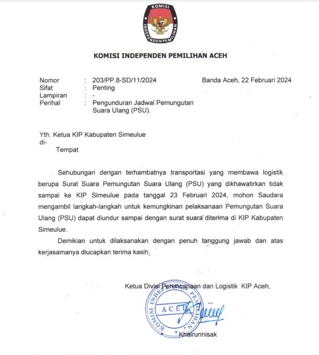 Logistik Belum Tiba, PSU Di Simeulue Besok Terancam Gagal
