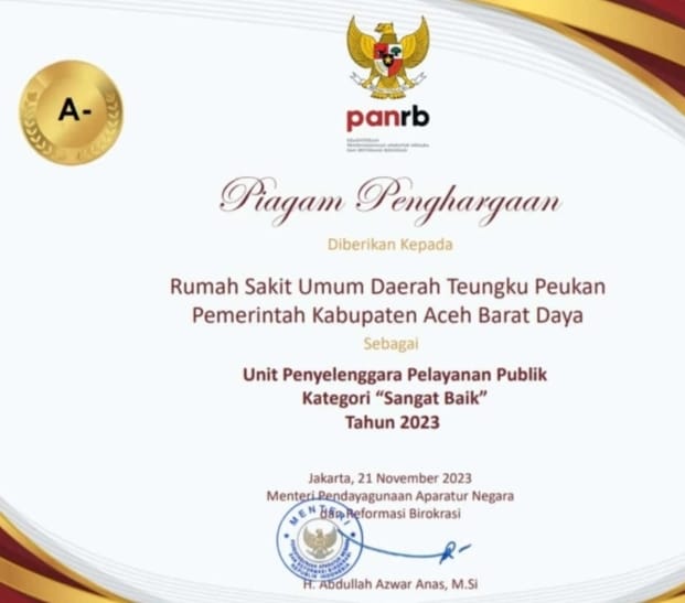 RSUDTP Terima Penghargaan KemenPAN-RB