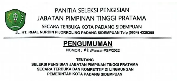 Pemko Padang Sidempuan Lelang 6 Jabatan Eselon II