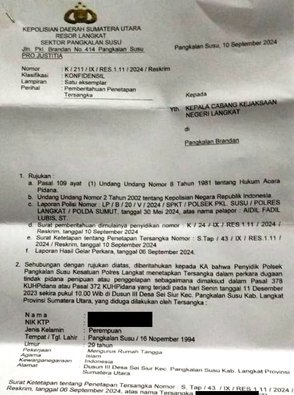 Polsek Pangkalansusu Amankan IRT Pelaku Penipuan Ratusan Juta Rupiah
