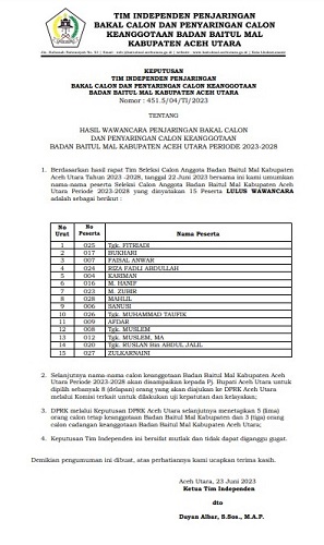 15 Calon Anggota Badan BMK Aceh Utara Lulus Seleksi