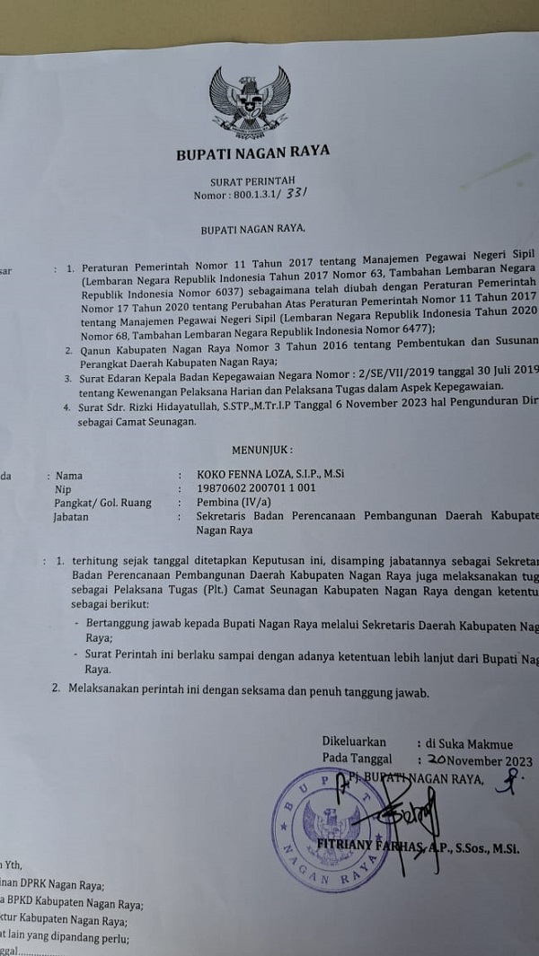 Diduga Jarang Masuk, Pj Bupati Nagan Raya Plt Kan Camat Seunagan