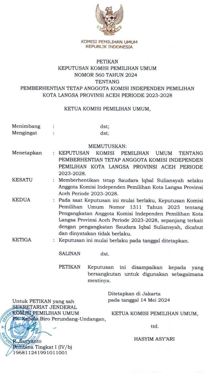 KPU RI Berhentikan Komisioner KIP Langsa Iqbal Suliansyah