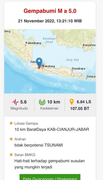 Gempa 5,6 Magnitudo Cianjur Terasa Hingga Jakarta