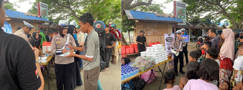 Satlantas Polres Lhokseumawe Bagi Nasi Kotak Ke Pengguna Jalan Raya