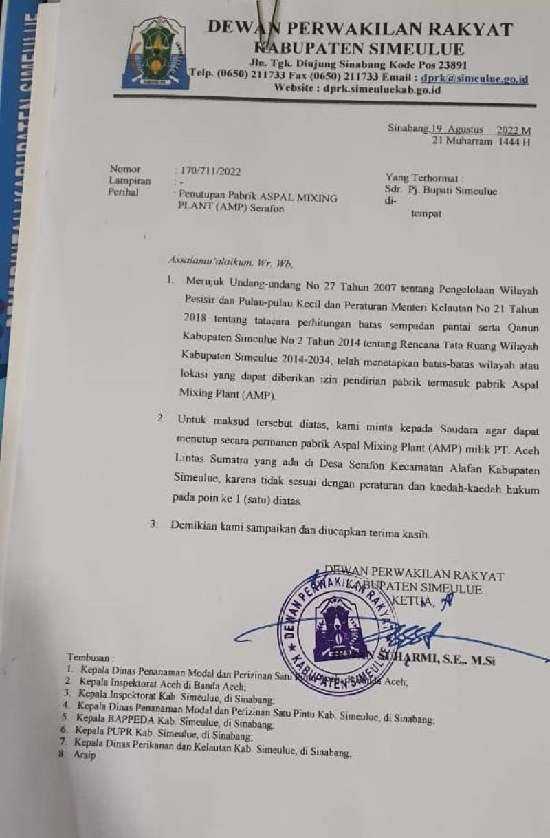 Pj Bupati Simeulue Diminta Batalkan Hasil Tender Kebun Baru-Latiung Rp8 M