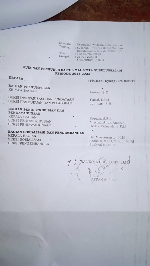 Protes SK Wali Kota, Empat Anggota BMK Subulussalam Mundur