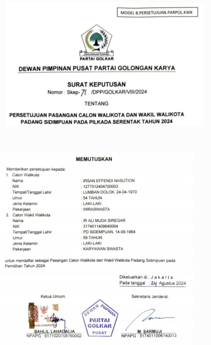 Sah, Golkar Usung Irsan Efendi Nasution - Ali Muda Siregar Di Pilkada Sidimpuan