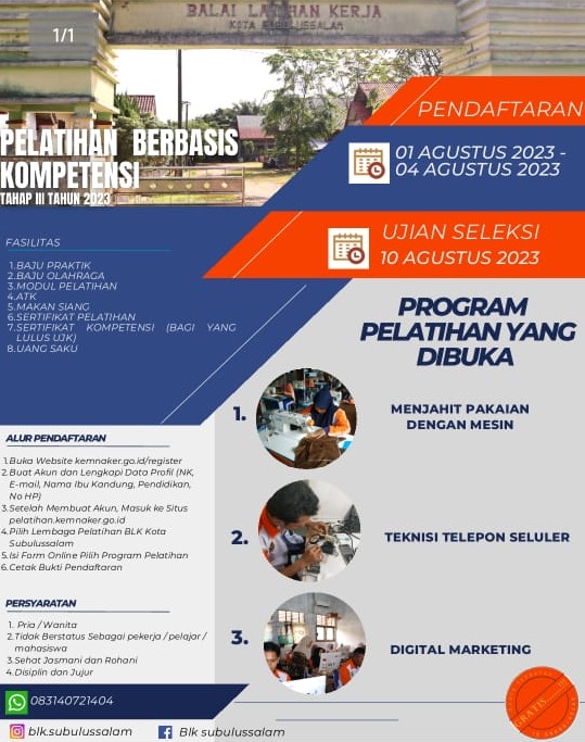 Besok Pendaftaran Terakhir PBK III UPTD BLK Subulussalam