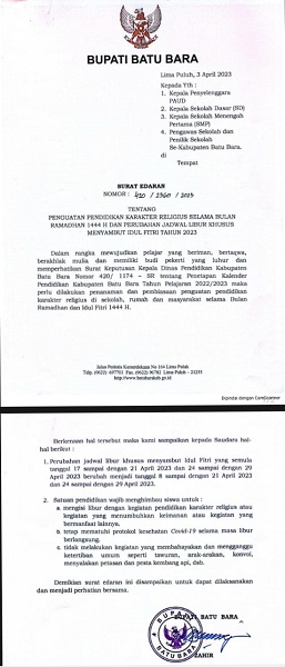 Sekolah Di Batubara Mulai Libur Lebaran 1444H