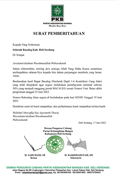 Beredar Surat PKB Deli Serdang Minta Uang Saksi Kepada Bacaleg