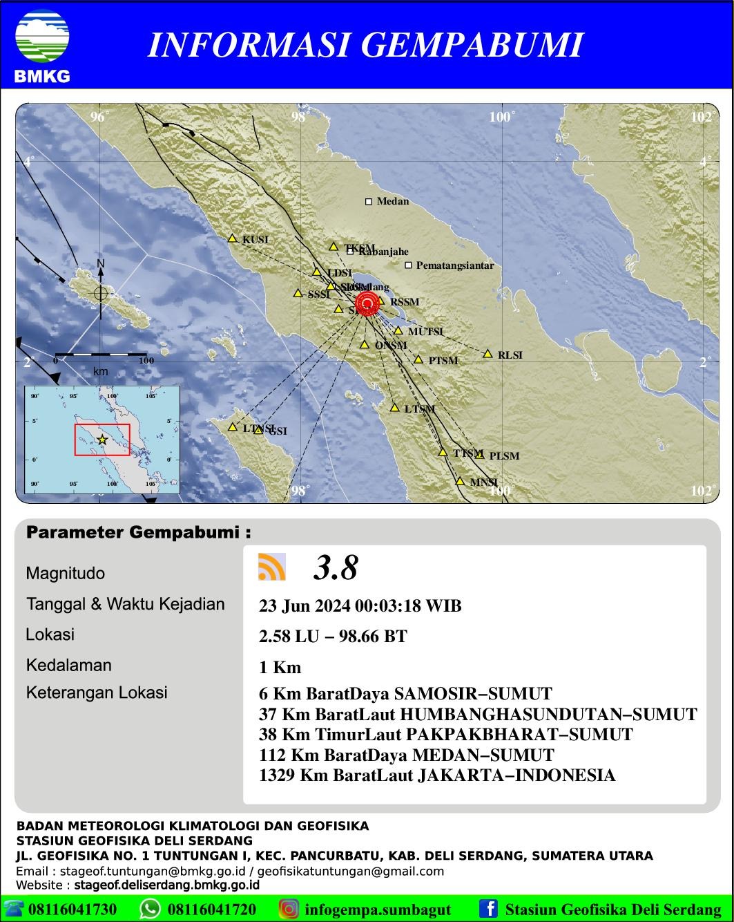Gempa Bumi M 3,8 Guncang Kabupaten Samosir