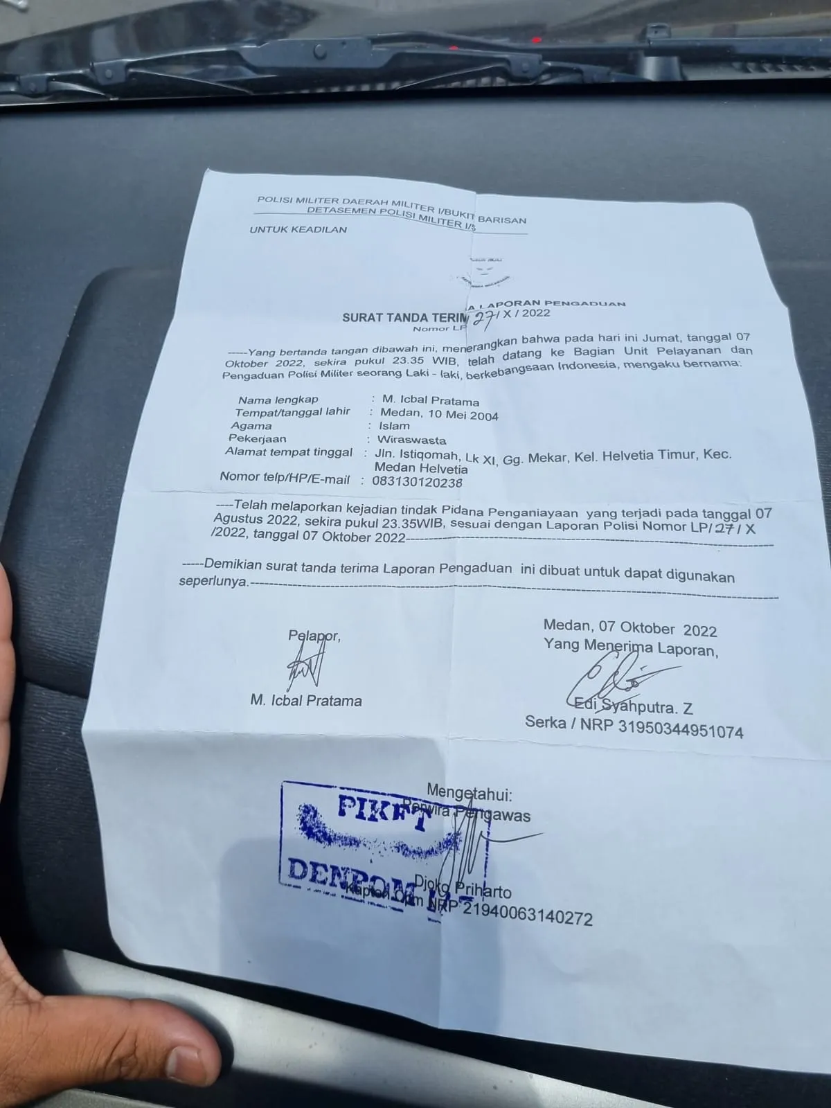 Diduga Menganiaya, Oknum Anggota Deninteldam I/Bukit Barisan Dilapor Ke Denpom