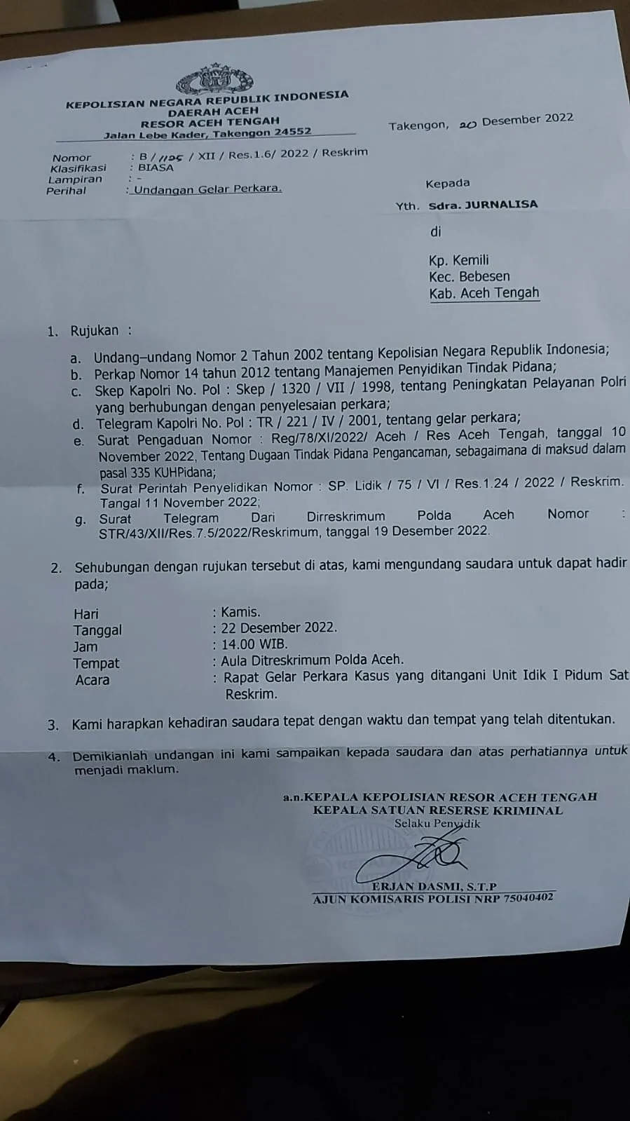 Polda Aceh Tangani Kasus Dugaan Pengancaman Wartawan Di Aceh Tengah