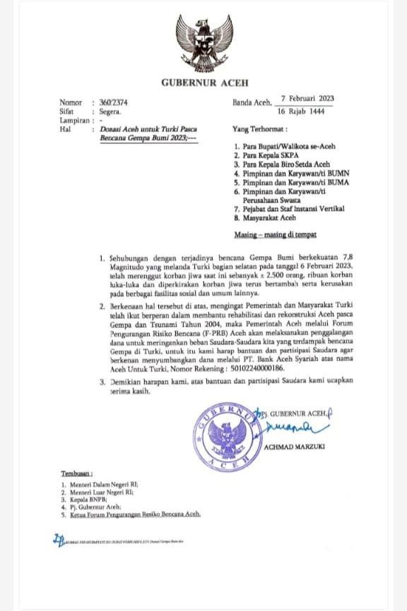 Imbauan Pj Gubernur Aceh Bantu Turki Gugah Korban Smong