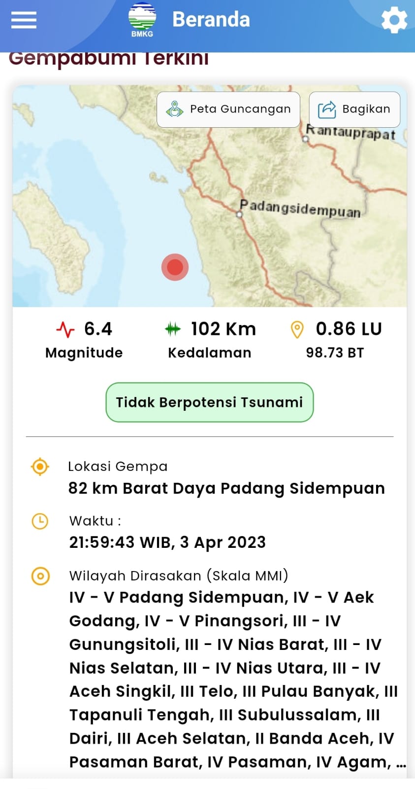 Gempa 82 KM Dari Sidempuan, Guncang 3 Provinsi