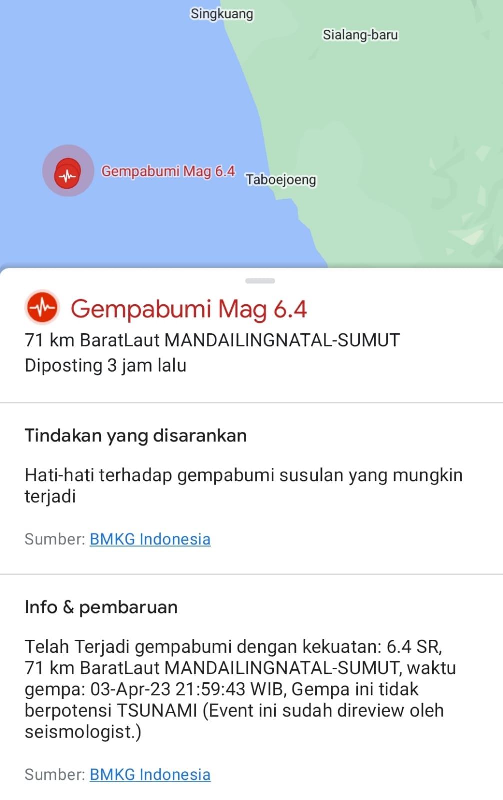 Pusat Gempa Di Madina, Ratusan Warga Tabuyung Ngungsi