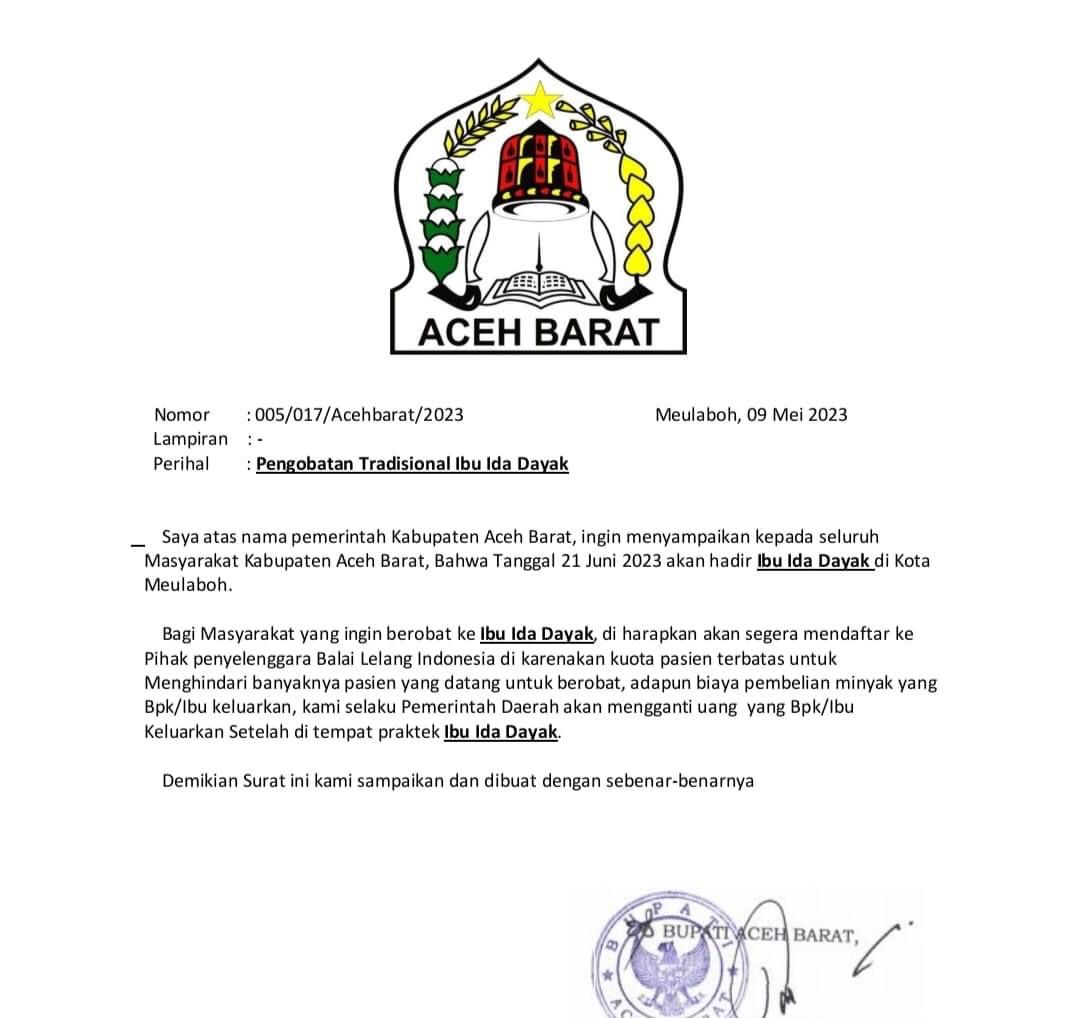 Hoax! Surat Pj Bupati Aceh Barat Soal Pengobatan Ida Dayak
