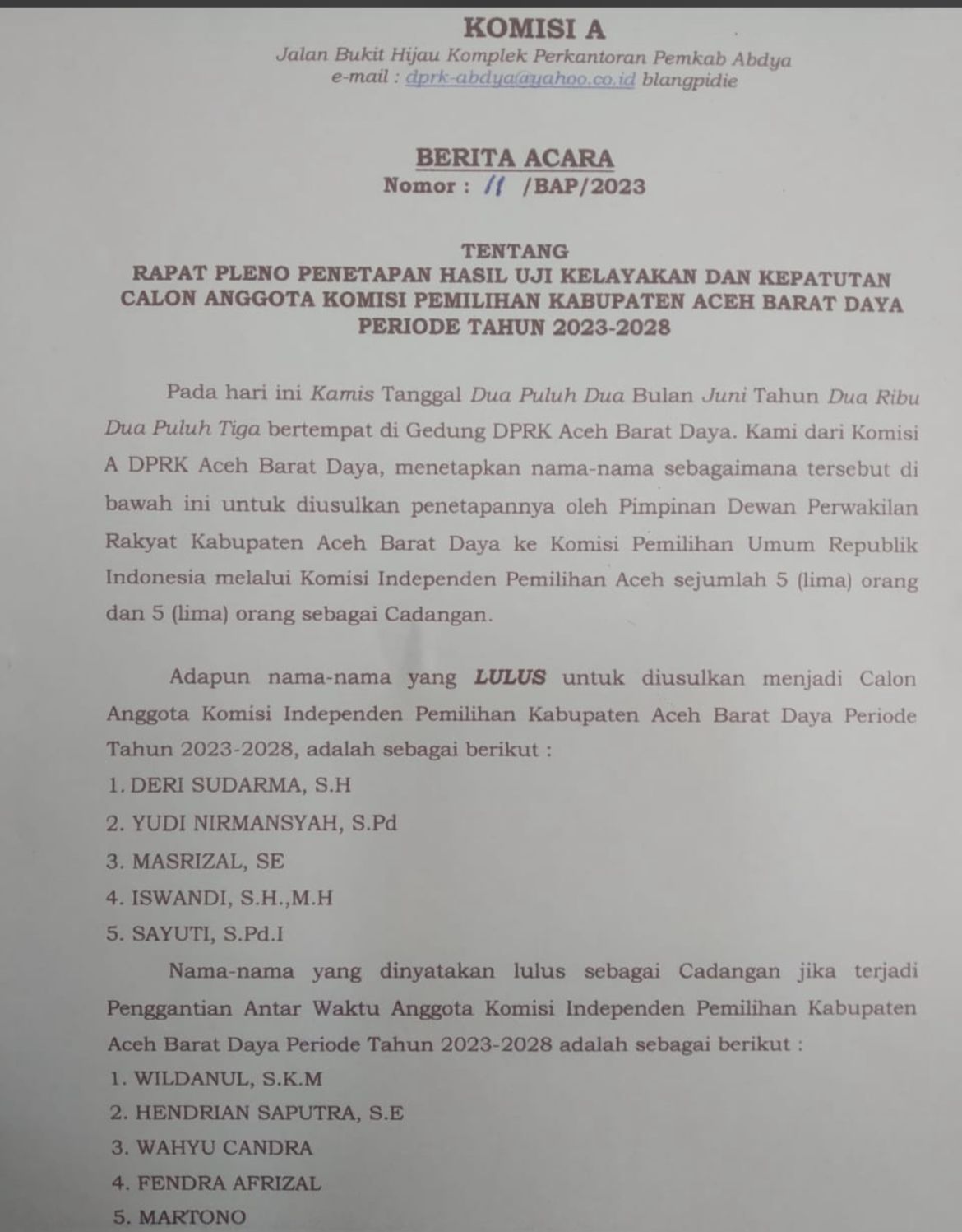 DPRK Umumkan 5 Calon Komisioner KIP Abdya