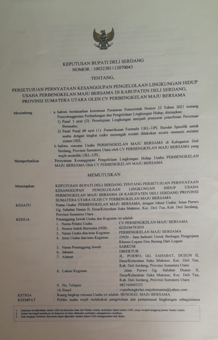 Perbengkelan Maju Bersama Resmi Berizin