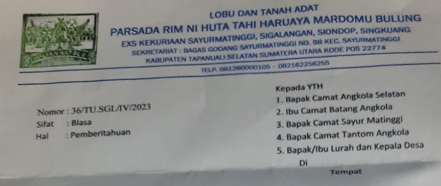 HMB Minta 4 Camat Di Tapsel Tidak Terbitkan Surat Di Tanah Ulayat