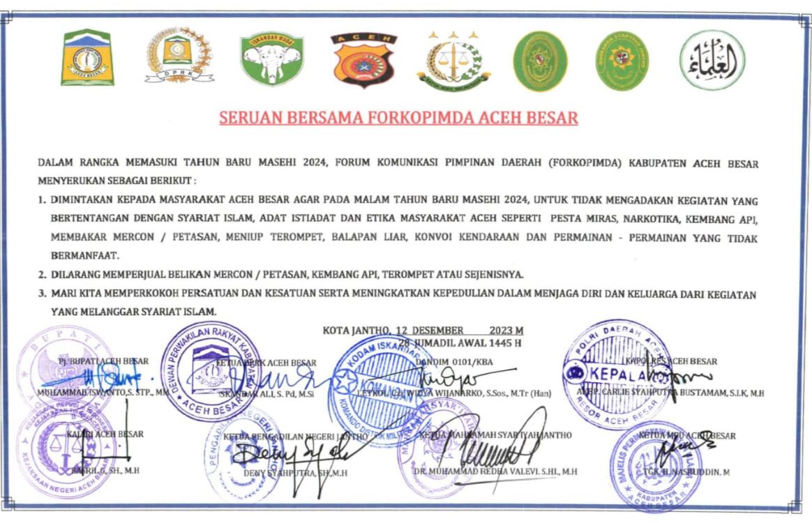 Malam Pergantian Tahun, Aceh Besar Larang Kegiatan Bertentangan Syariat
