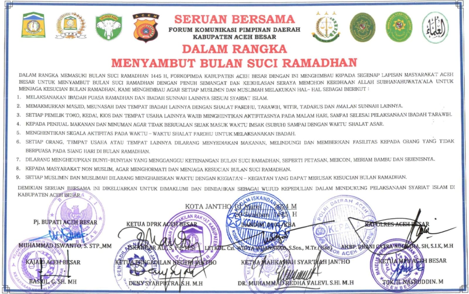 Forkopimda Aceh Besar Keluarkan Seruan Tata Laksana Ibadah Selama Ramadan