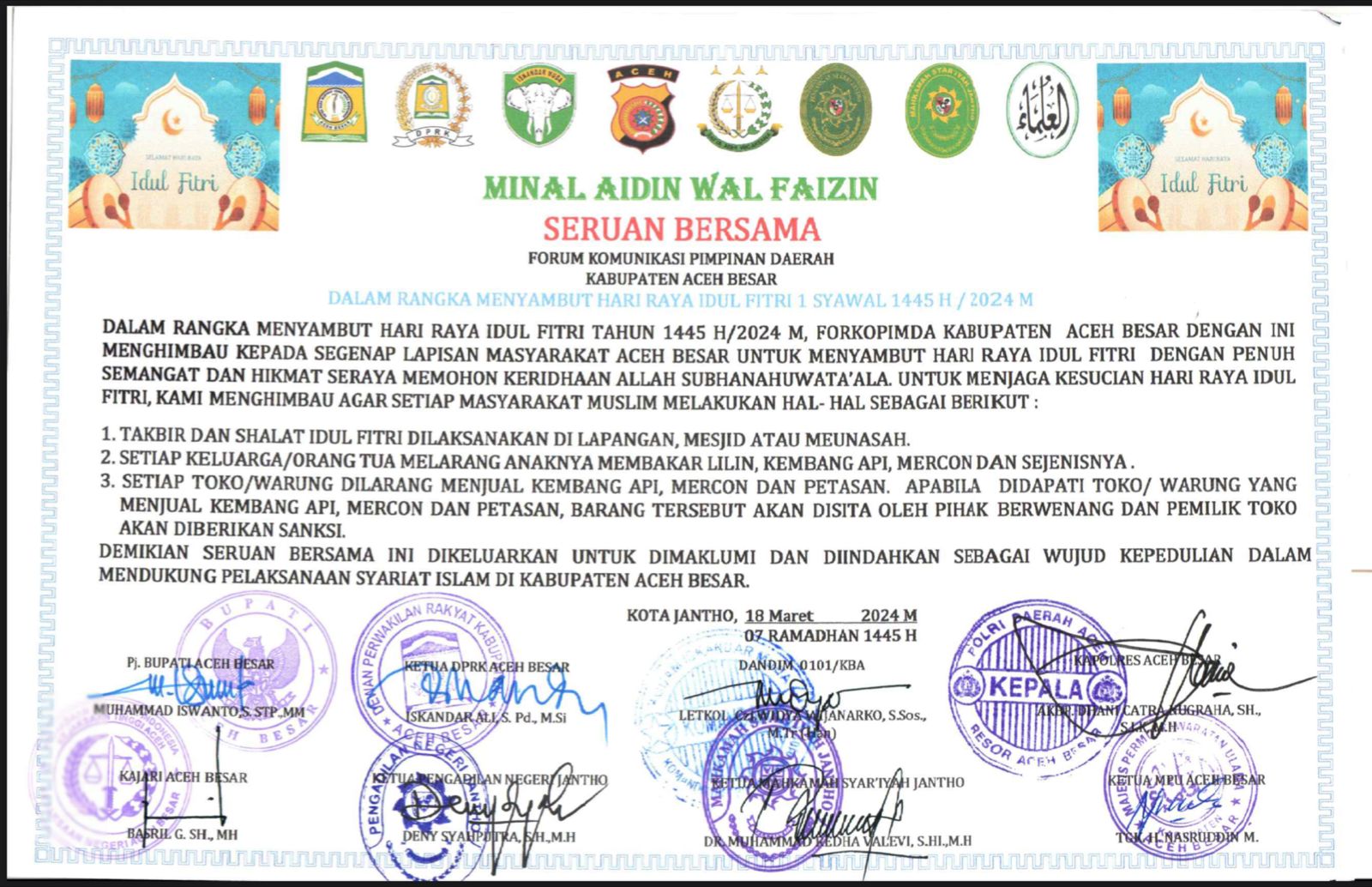 Sambut Idul Fitri 1445 H, Forkopimda Aceh Besar Keluarkan Seruan Bersama