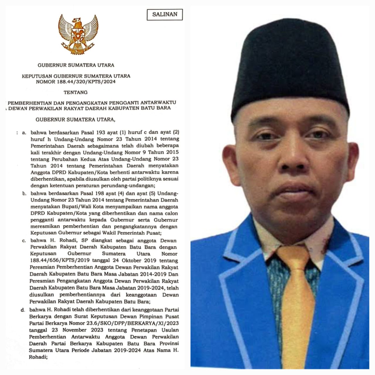 Gubsu Berhentikan Rohadi Anggota DPRD Batubara 2019-2024