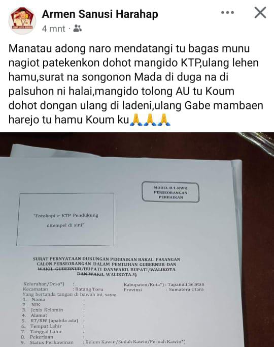 Upaya Gagalkan Calon Perseorangan Di Tapsel ‘Membunuh’ Demokrasi