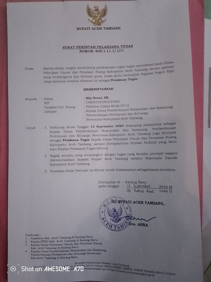 Mix Donal Jabat Plt Kadis PUPR Aceh Tamiang