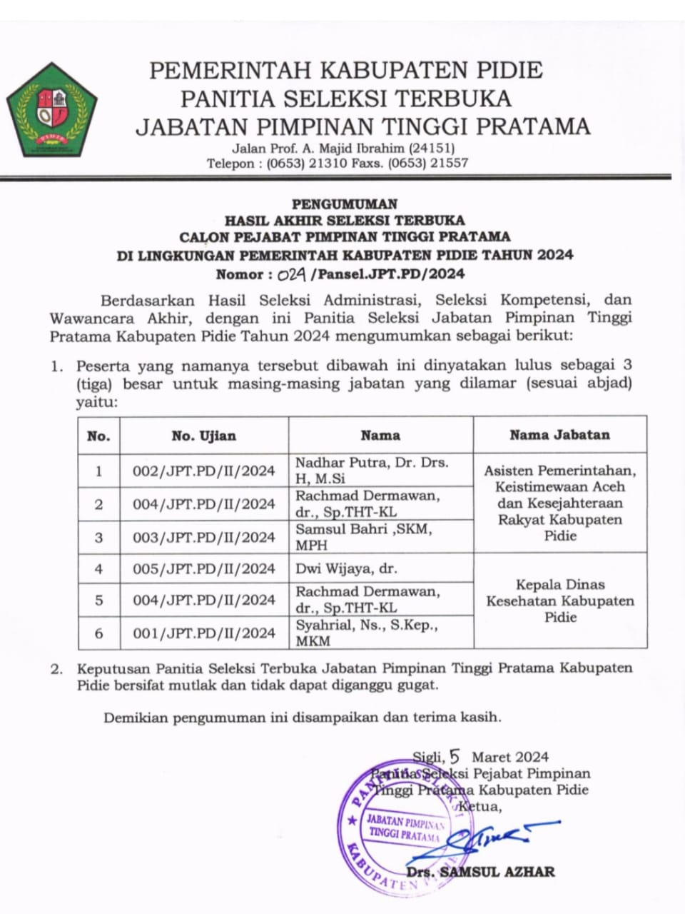 Kadis Kesehatan Pidie Belum Dilantik, Pj Bupati: Prosesnya Panjang