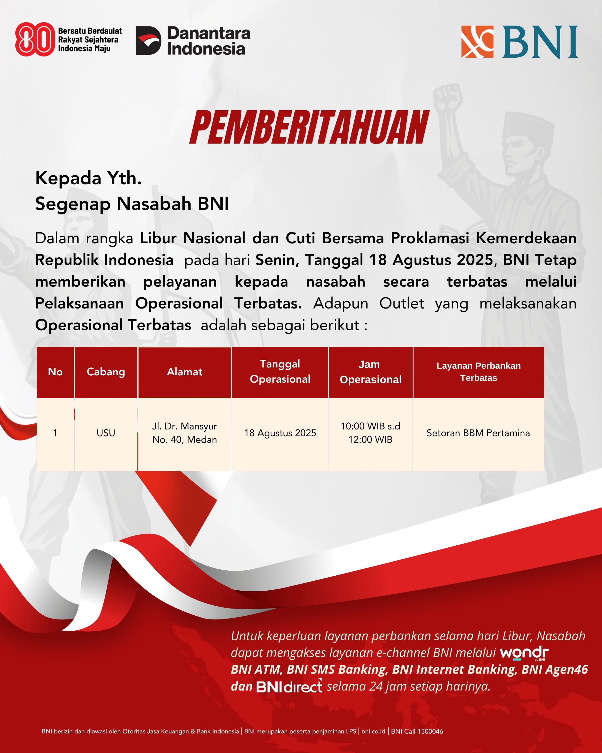 BNI Medan Buka Layanan Terbatas Pada Libur Nasional 18 Agustus 2025