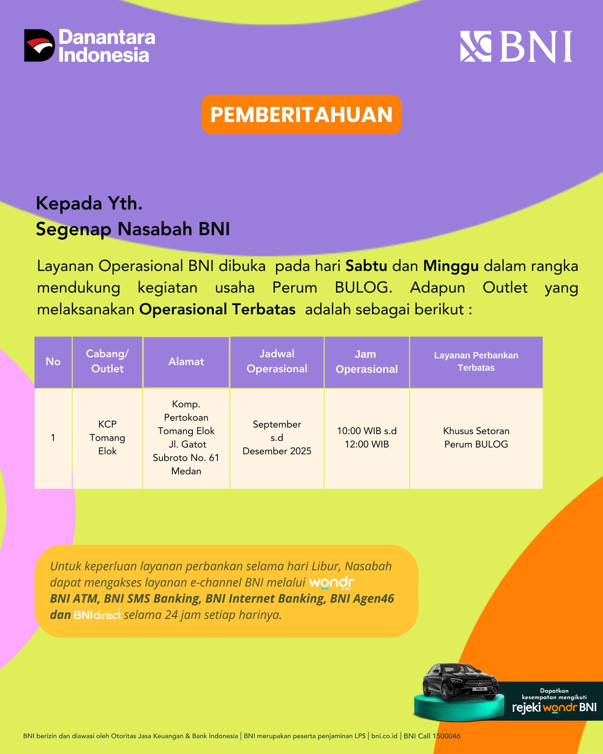 BNI Buka Layanan Operasional Akhir Pekan Dukung Kegiatan BULOG