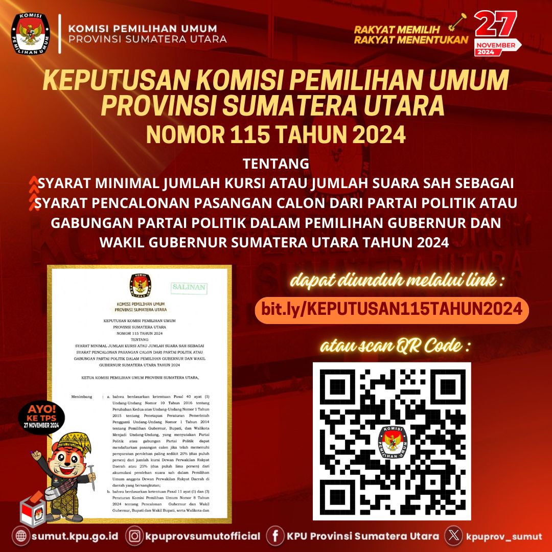 KPU Keluarkan Putusan Syarat Minimal Paslon Gubsu dan Wagubsu