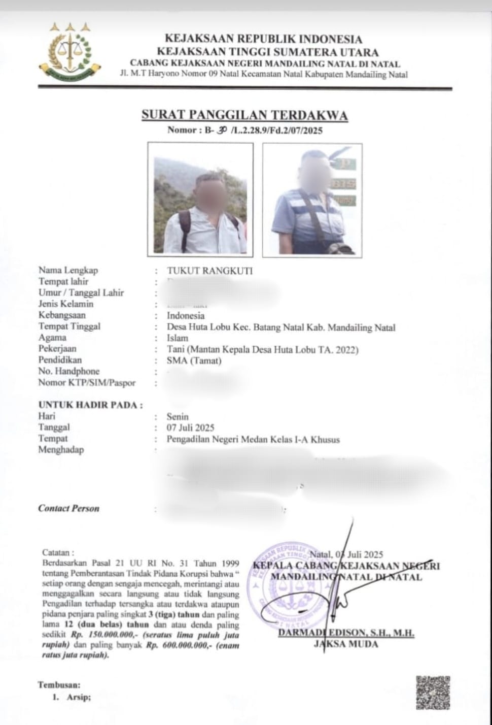 Cabjari Madina Panggil Mantan Kades Huta Lobu, Akan Disidangkan Di PN Medan Terkait Korupsi Dana Desa