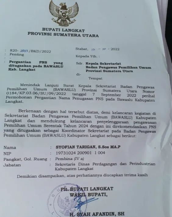 Kepala Sekretariat Bawaslu Langkat Sudah Empat Bulan Kosong