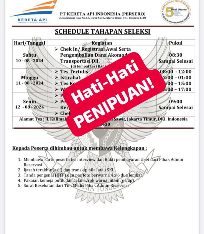 Marak Modus Penipuan Undangan Lowker, KAI Divre I Sumut Imbau Masyarakat Lebih Teliti