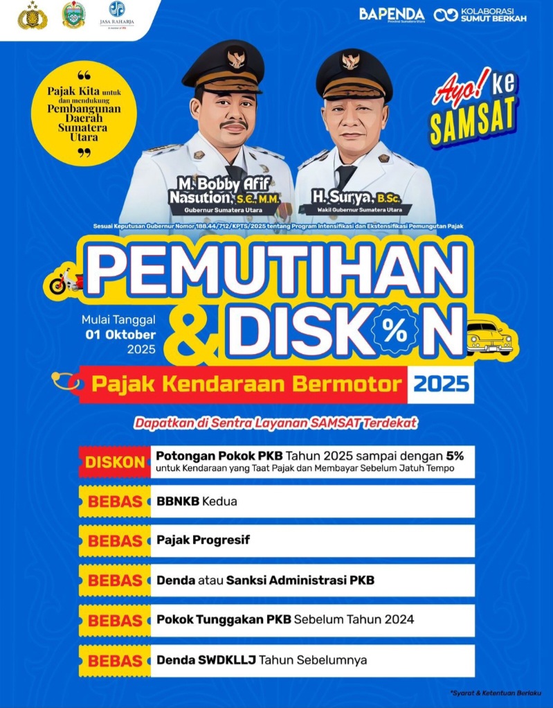 Bebas Denda, Diskon Hingga 5%: Pemutihan Pajak Kendaraan Bermotor Sumut Mulai 1 Oktober