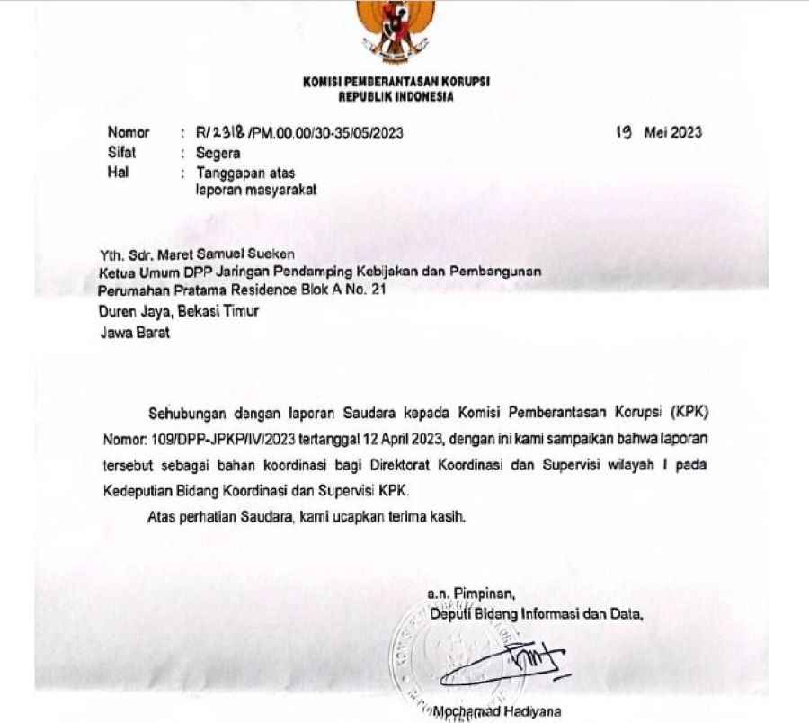 Soal Lahan Di Desa Sena, Relawan JPKP Terima Surat Balasan Dari KPK